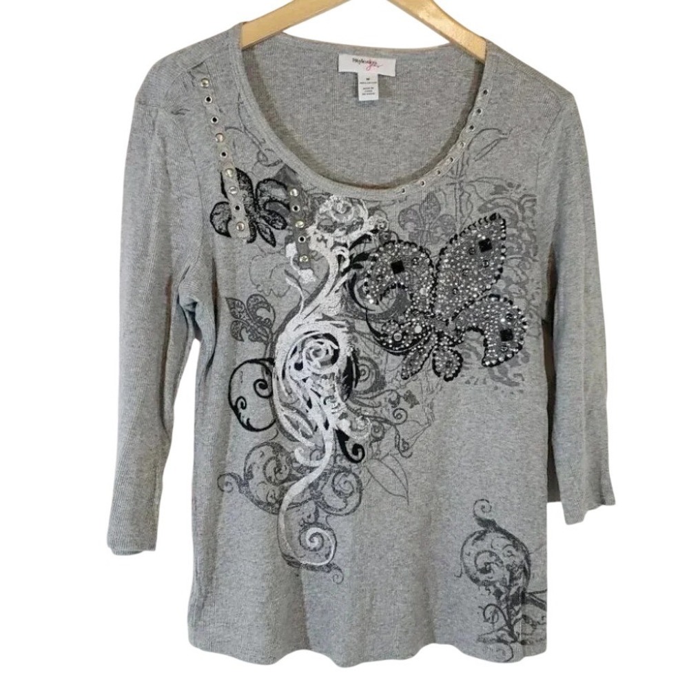 Style & Co Jeans Top Size M Gray Fleur-de-lis Rhinestone‎ Embellished 3/4 Sleeve